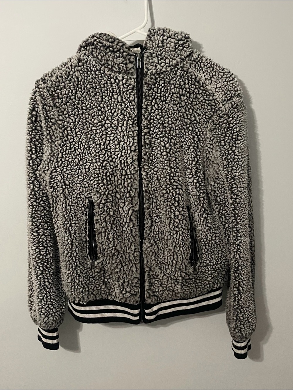 Charlotte Russe Gray Teddy Zip Hoodie with Black & White Trim